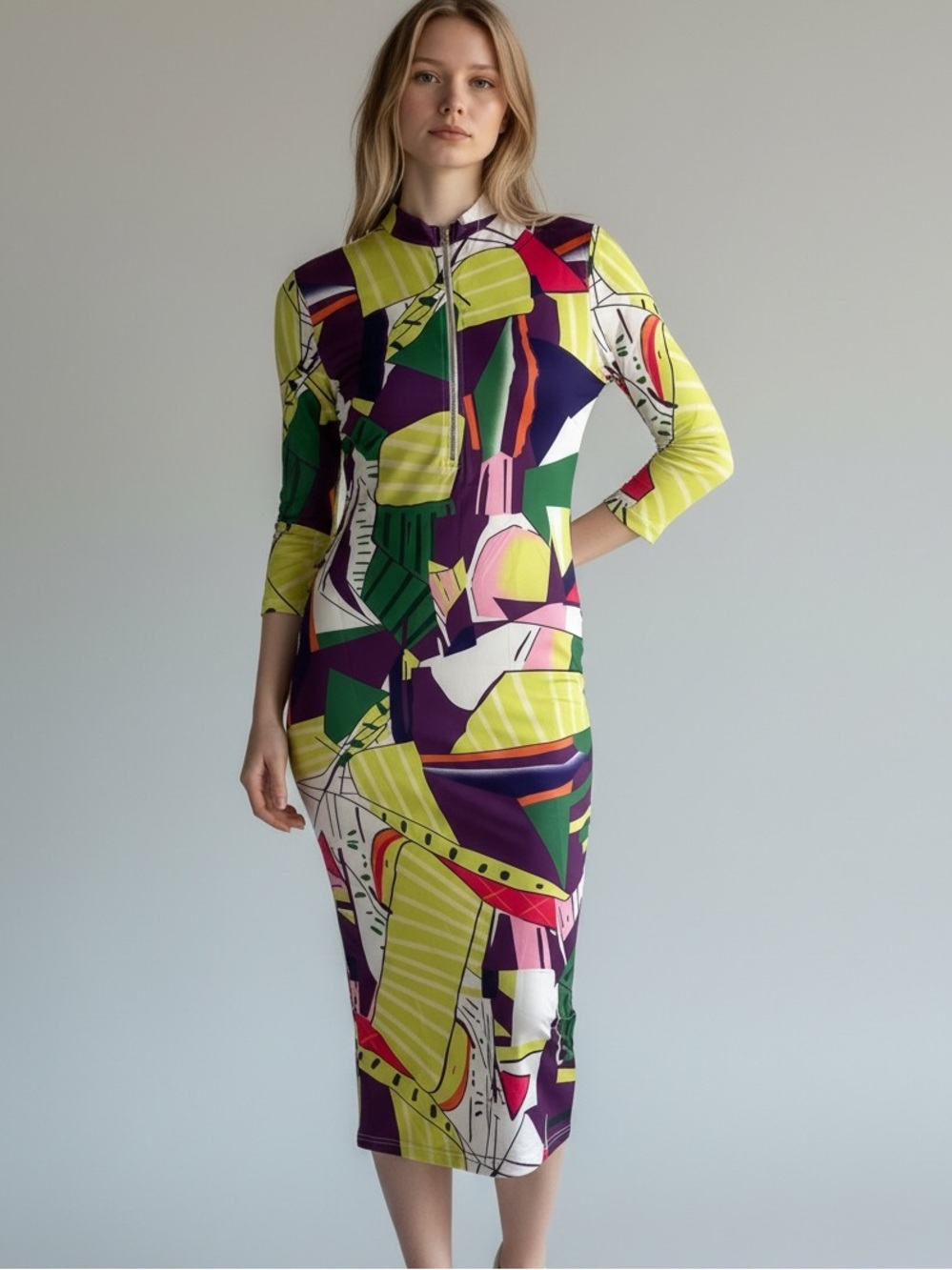 Banjul Multi-Color Abstract Zip-Front Midi Dress